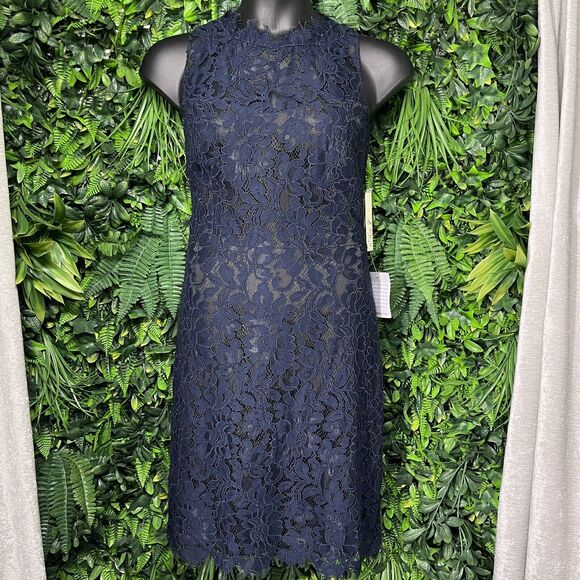 ELIZA J Dress Women 16 Blue High Neck Floral Eye Lash Lace Cocktail NWT 2289 - Picture 1 of 8